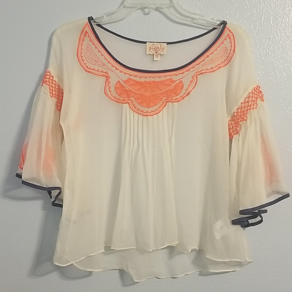 Anthropologie Plenty neon embroidered sheer top